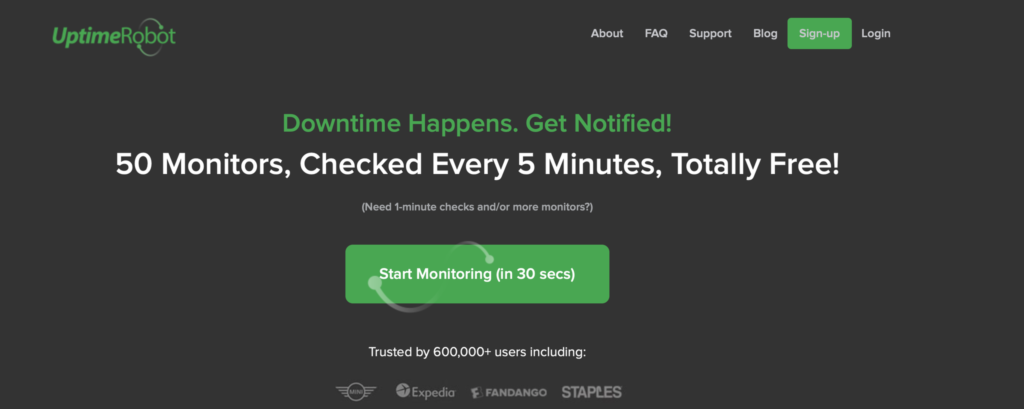 The Uptime Robot homepage